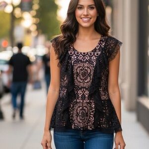 Alexis Black Lace Cairo Ruffle peplum top NWT size L